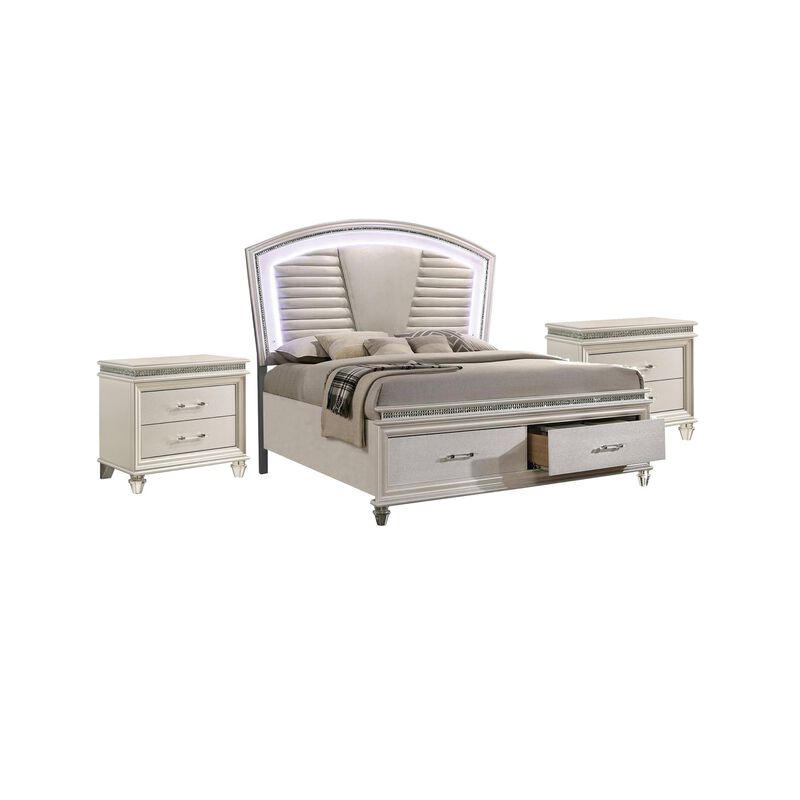3pc King Bedroom Set, Pearl White, White, Clear, Silver Wood, 2 Nightstands image number 0