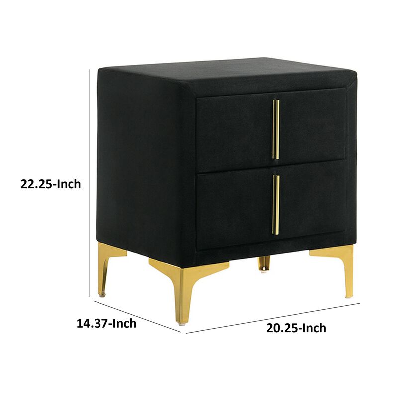 Bios 24 Inch Nightstand, 2 Drawers, Black Vegan Faux Leather, Gold Accents-Benzara