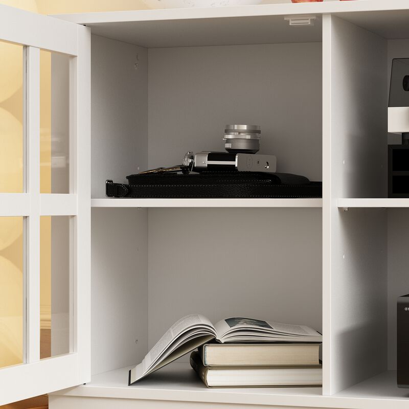 White Wooden TV Stand Fits TV's up to 75 in. with Open Shelves and Tempered Glass Door Cabinet