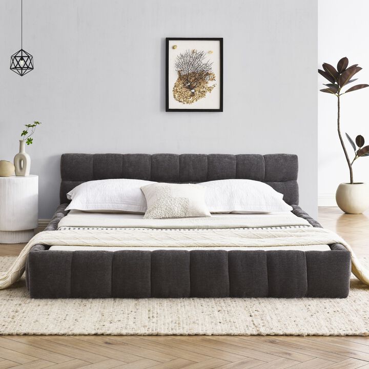 Queen Size Upholstered Bed Frame With Thick Fabric, Chenille Fabric Grounded Platform Bed With Headboard And Solid Frame-Cuddlewood