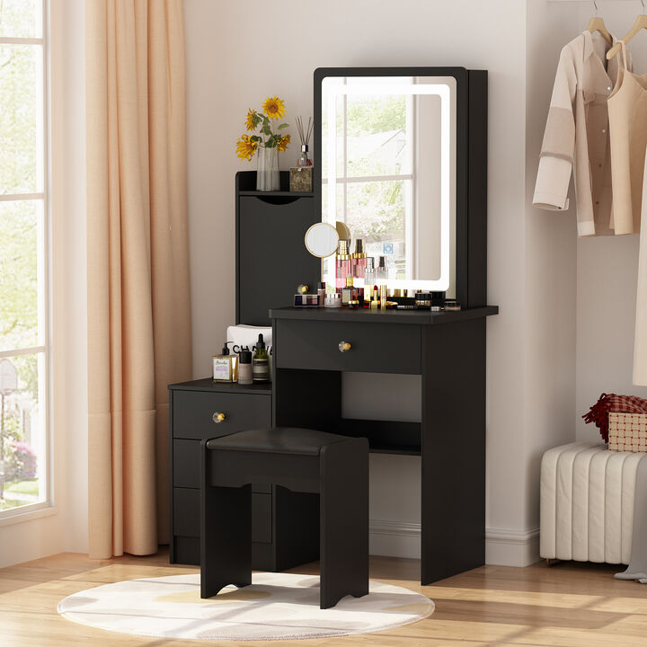4-Drawers Black Wood Makeup Vanity Sets Dressing Table Sets with Stool, Mirror, LED Light, Door and Storage Shelve
