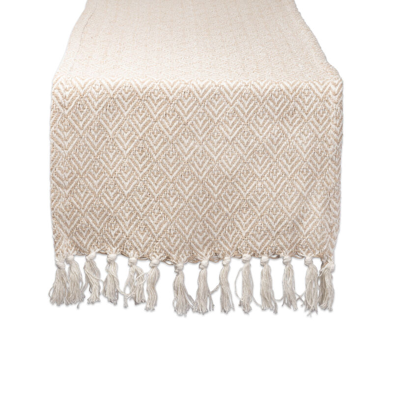 72" Beige and White Rectangular Diamond Weaved Table Runner with Tassels image number 1