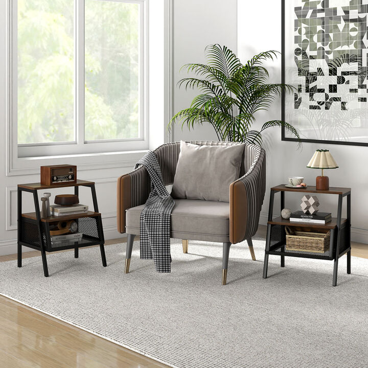 3-Tier Bedside Tables Set of 2 with Open Shelves and Metal Mesh Storage
