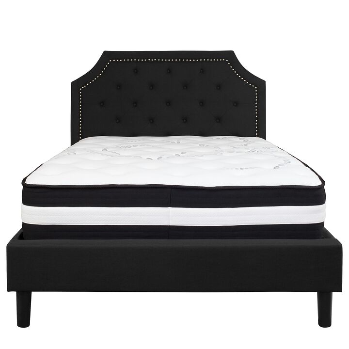 Brighton Full Size Tufted Upholstered Platform Bed in Black Fabric with Pocket Spring Mattress
