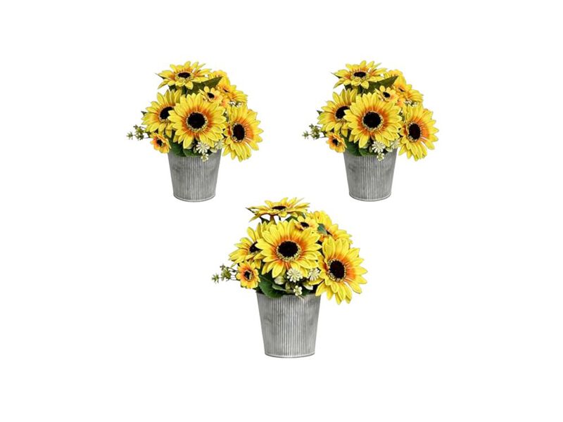 3 Pack Artificial Sunflower Arrangement In Galvanized Metal Pot Faux Bouquet image number 0