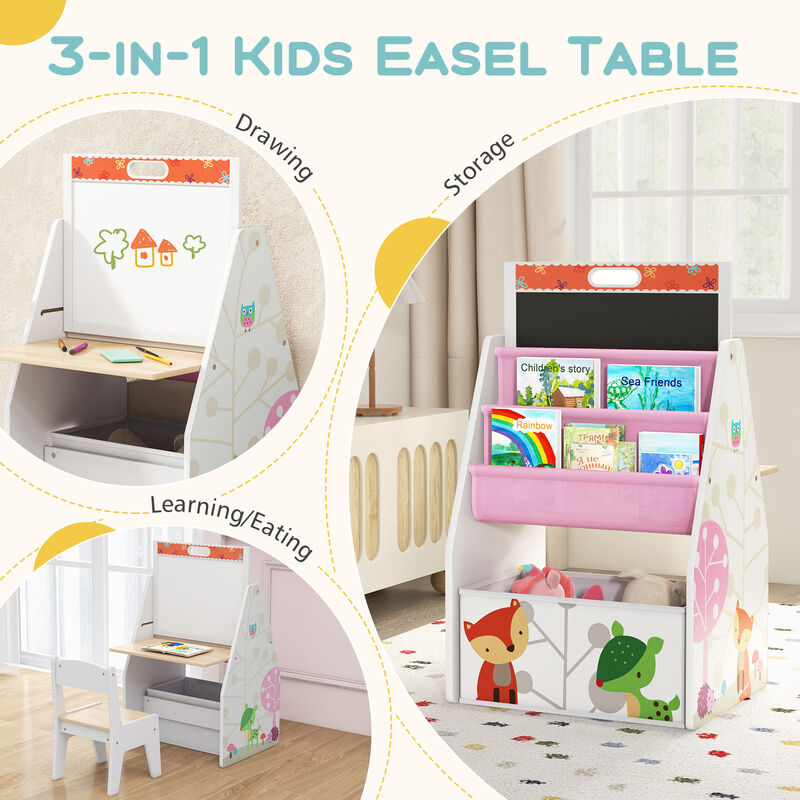 3-in-1 Kids Easel and Play Station Convertible with Chair and Storage Bins