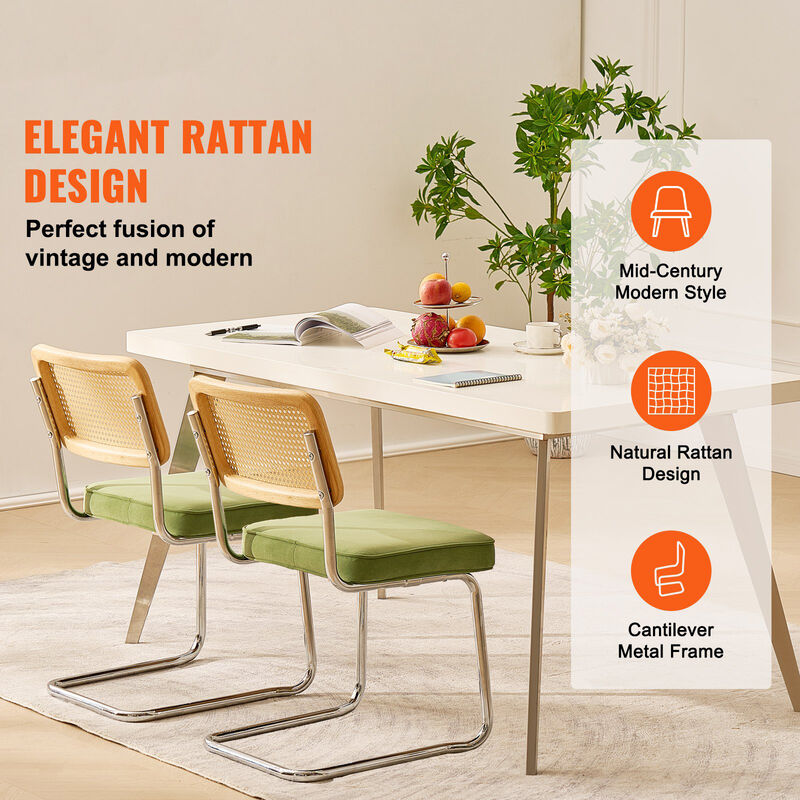 Set of 2 Rattan Dining Chairs Mid Century Modern Velvet Upholstered Accent Chairs