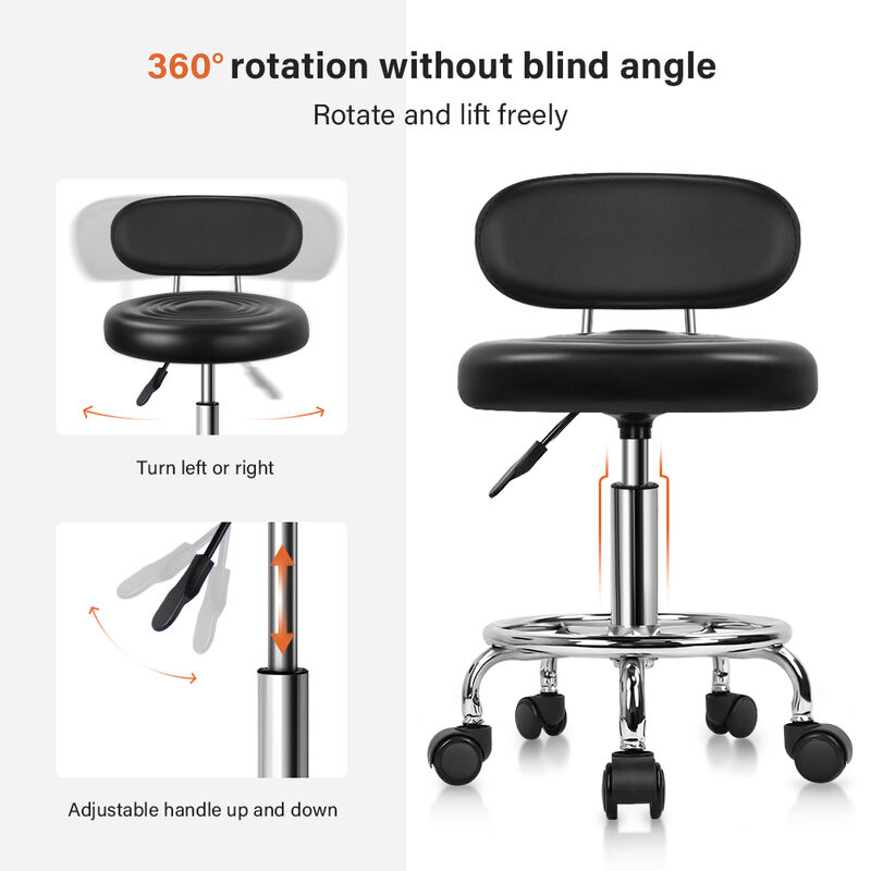 KKTONER PU Leather Modern Rolling Stool with Low Back Height Adjustable Work Salon Swivel Chair with Footrest (Black) image number 3