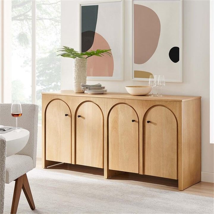 Modway Appia 71 Inch 4 Door Storage Cabinet in Walnut Wood Veneer - Arched Door Accent Credenza -Modern Sideboard - Adjustable Shelf Buffet - Mid-Century Storage Furniture - Console TV Stand