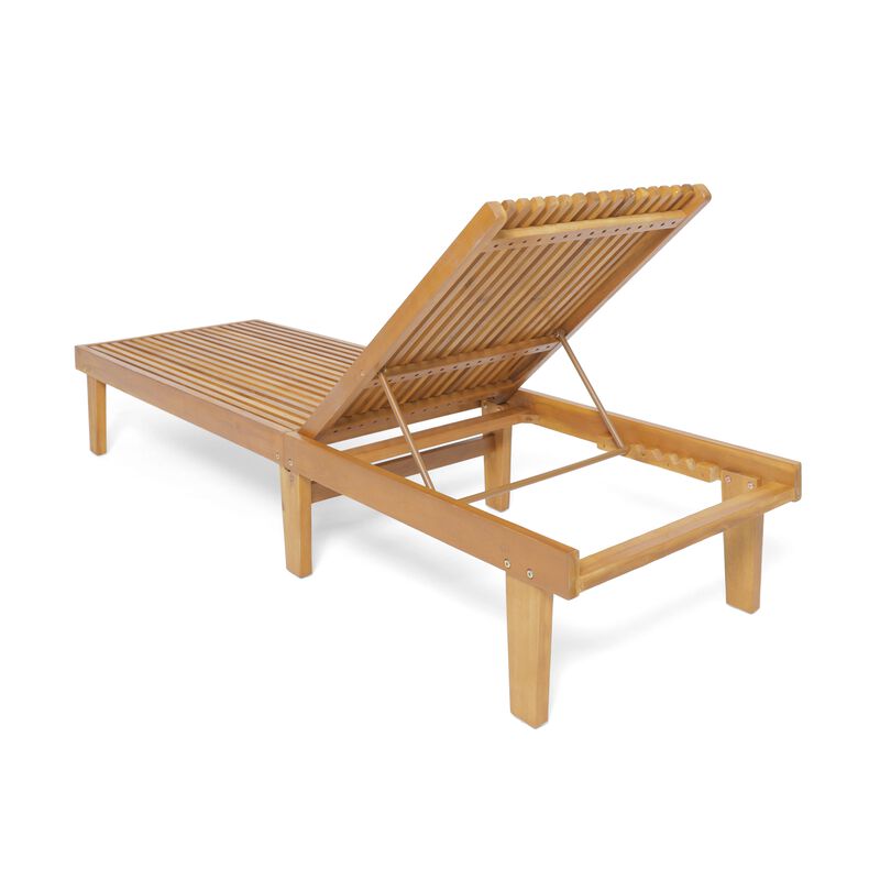 Pina Outdoor Chaise Lounger, 79 Inch, Slatted Acacia Wood, Brown - Benzara