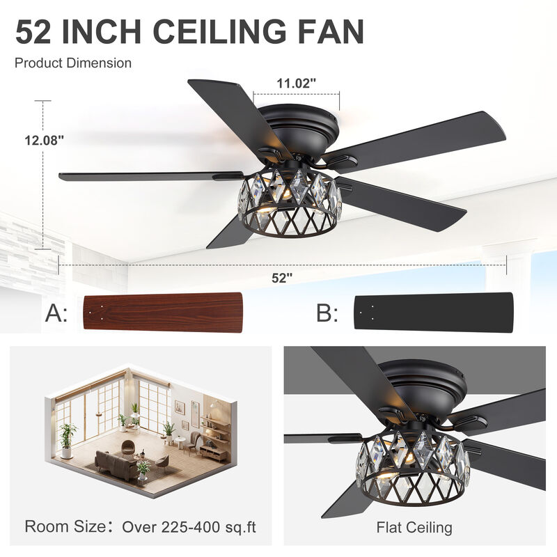 Breezary 52" Flush Mount Ceiling Fan with Light, 5 Plywood Blades, E12 3 Light, 6 Speeds, Remote image number 4
