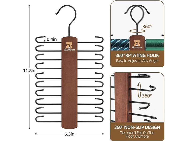 2 Packe Wooden Tie Rack, Tie Hanger For Men Closet, 40 Storage Capacity, Non-Sli image number 2