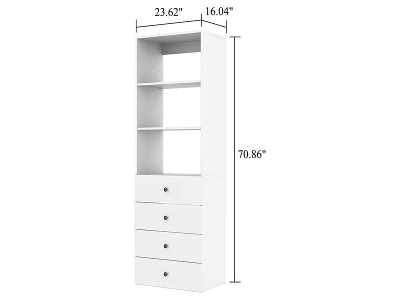71" High Wardrobe Closet System with 4 Closet Drawers, Walk-in Closet Organizers and Storage, Wooden Clothes Organizer,White