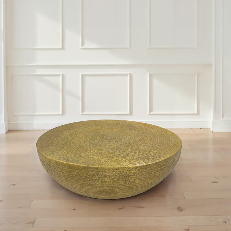 Terminus Coffee Table, 36 Inch Round Bowl Base with Hand Etched Texture, Antique Brass