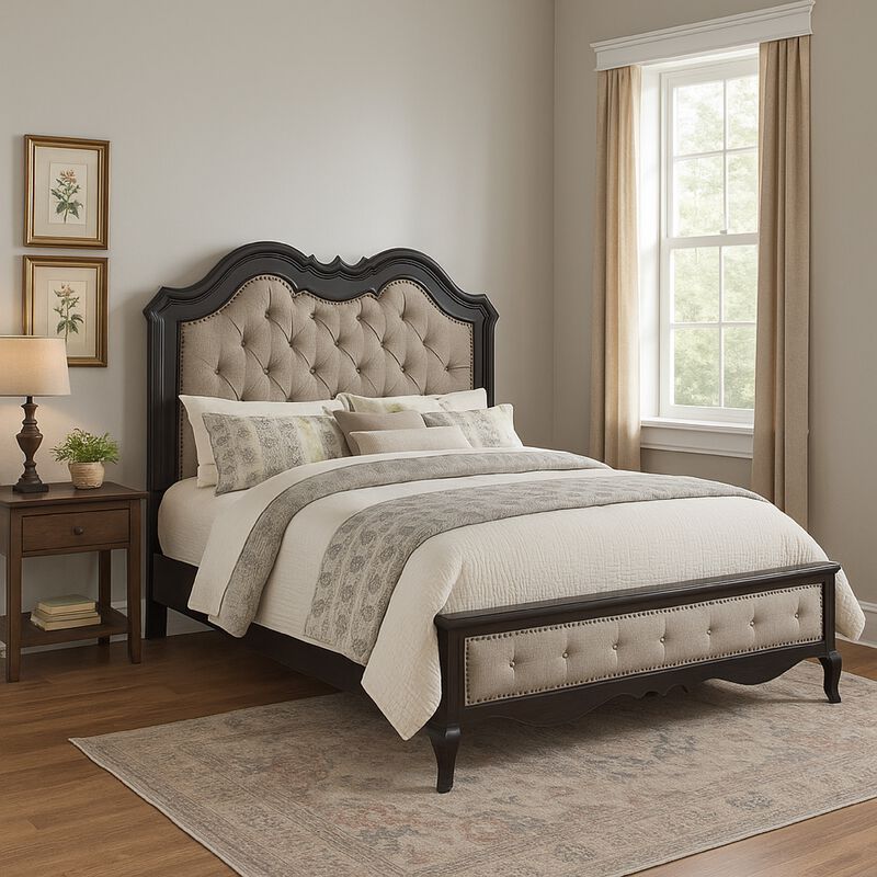 Chery King Size Bed with Button Tufted Headboard, Beige Upholstery, Black - Benzara