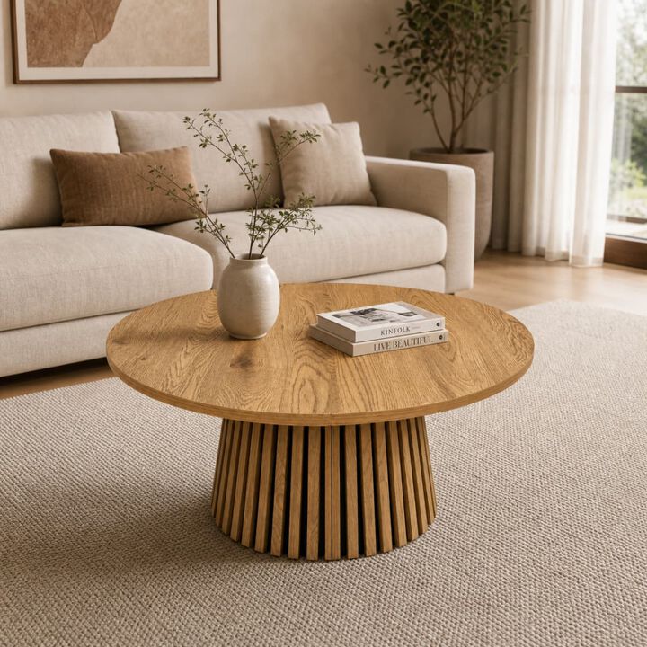 Extendable coffee table MDF oval coffee table with slatted legs Space saving coffee table for living room and home office