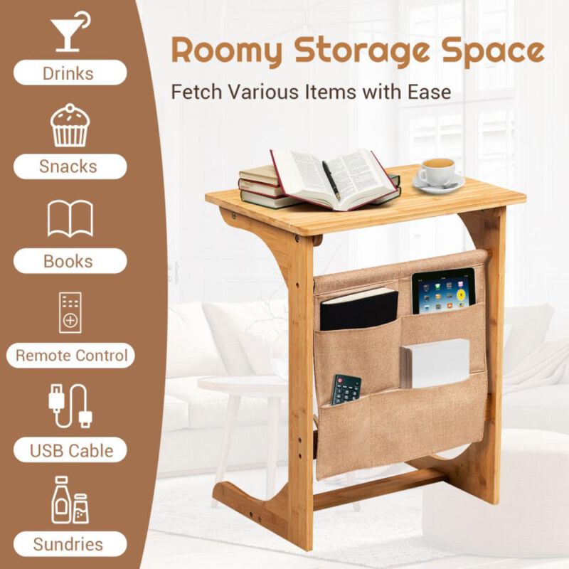 Hivvago Bamboo Sofa Table End Table Bedside Table with Storage Bag