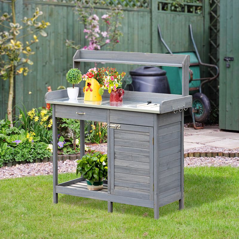 Grey Garden Workstation: Potting Bench with Cabinet and Steel Top