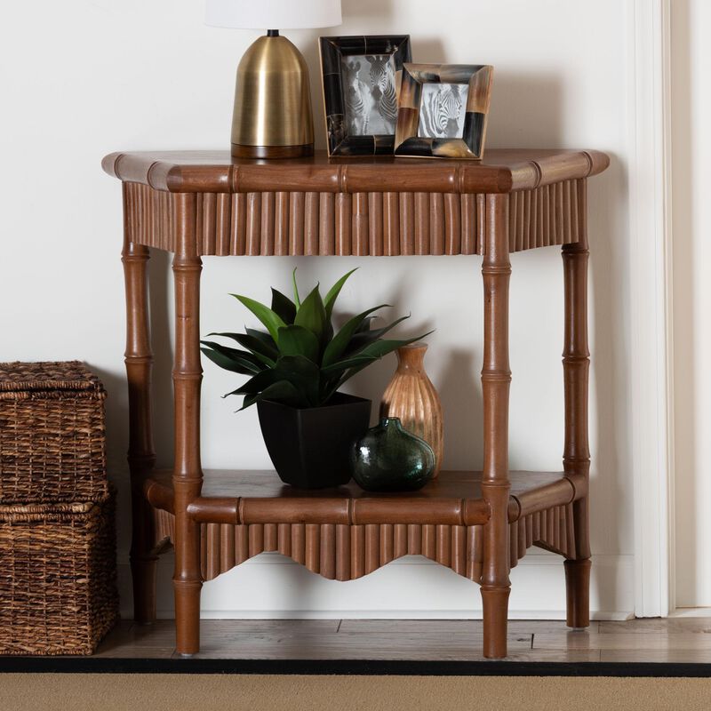 bali & pari Alessa Mahogany Wood Console Table - Fluted Wood Accent Table with Bamboo Motif and Two-Tier Display for Living Room, Entryway, or Hallway, 32 in. image number 7