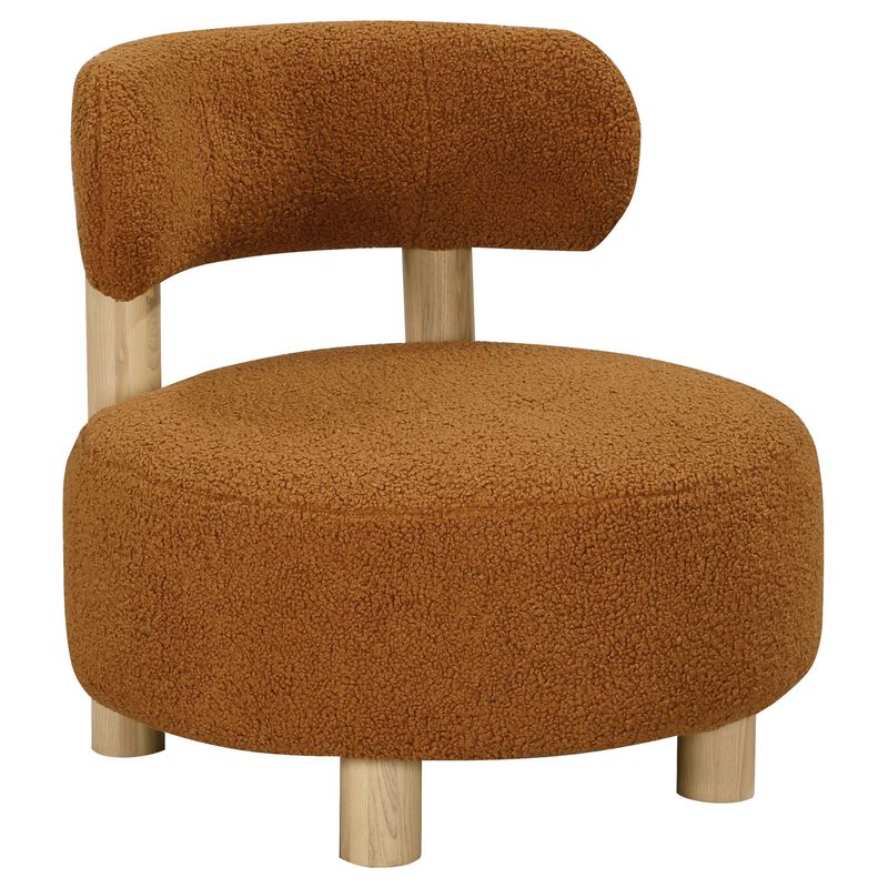 Zona Accent Chair, Barrel Back, Orange Boucle Fabric and Brown Wood - Benzara