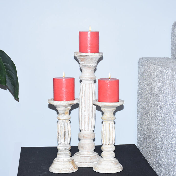 Traditional Antique White Eco-friendly Handmade Mango Wood Set Of Three 9",15" & 9" Pillar Candle Holder