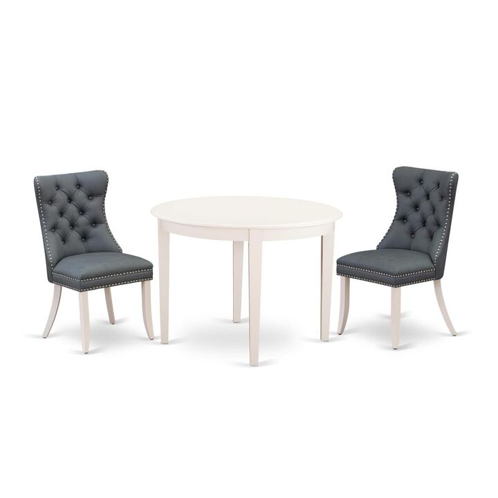 East West Furniture Boston 3 Piece Room Set Includes a Round Dining Table and 2 Upholstered Parson Chairs, 42x42 Inch, Linen White