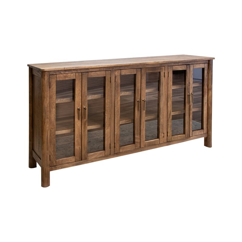 Olum 73 Inch Sideboard Console, Glass Doors, 2 Tiers, Brown Solid Wood - Benzara