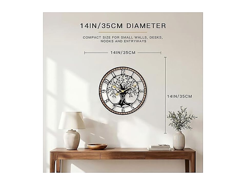 Wall Clock 14 Large Living Decor Tree Life Wood Frame Design Non Ticking Battery