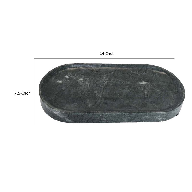 Decorative Oval Tray, Green Marble, Unique Veining Pattern, 14 Inch