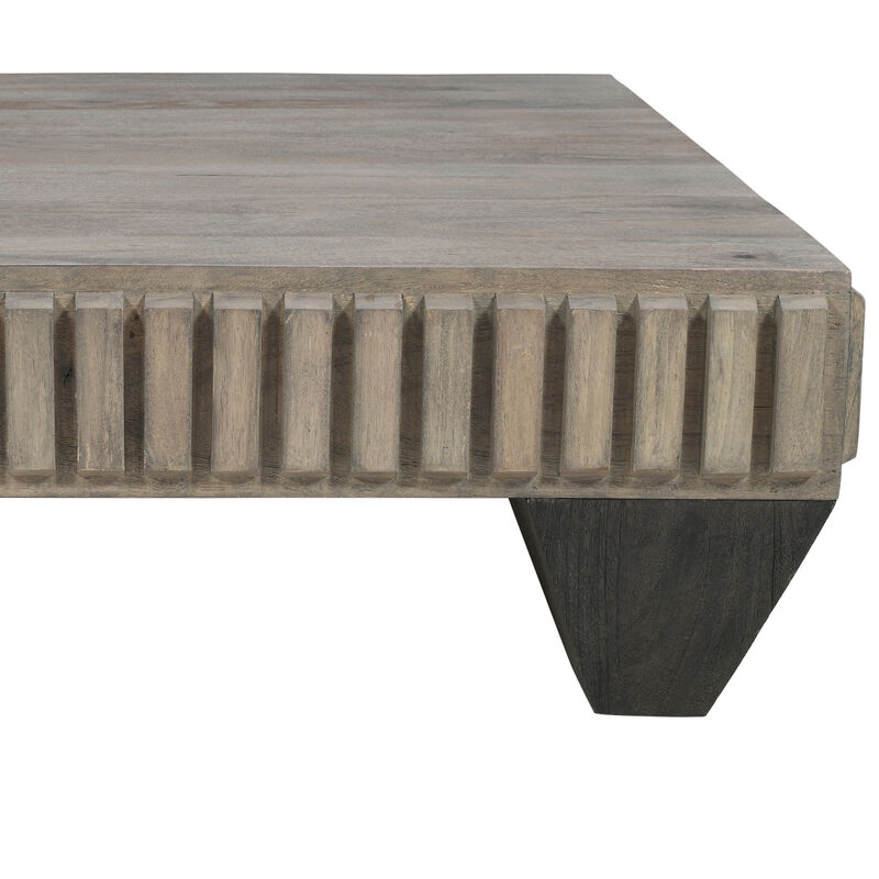 Tokyo Inspired 36 Inch Square Mango Wood Coffee Table - Handcrafted with Elegant Sandblasted Gray Finish and Tapered Legs