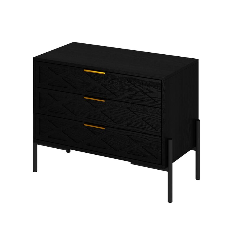FUFU&GAGA Black 3-Drawer Nightstands with Gold Handles and Metal Legs, P2 Particleboard, (31.5" W x 23.6" H x 15.4" D), Black