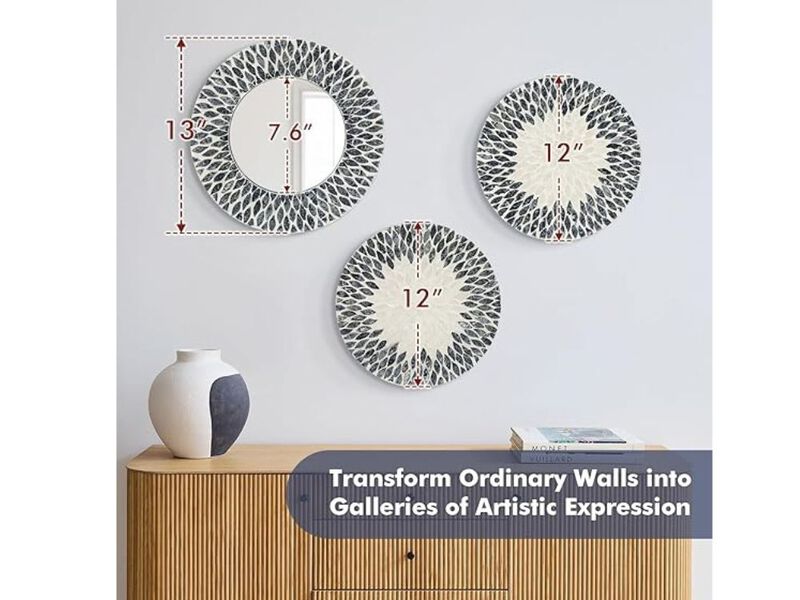 3PCS Mother of Pearl Wall Mirrors &ndash; Handmade Black & White Geometric Art
