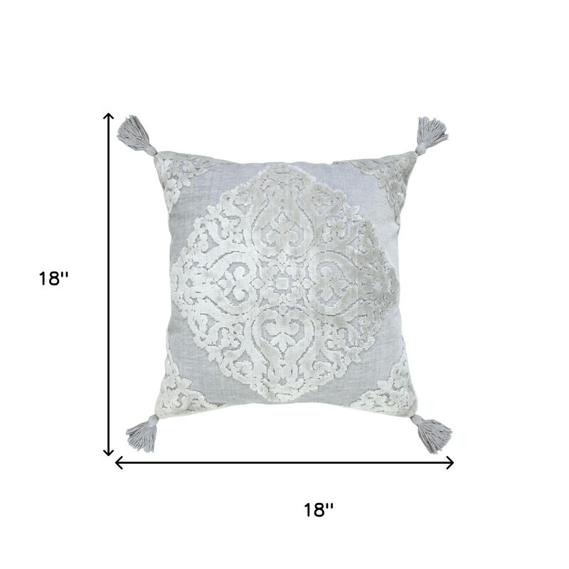 HomeRoots 18" Silver And Gray Medallion Viscose Throw Pillow Cover with Tassels image number 5