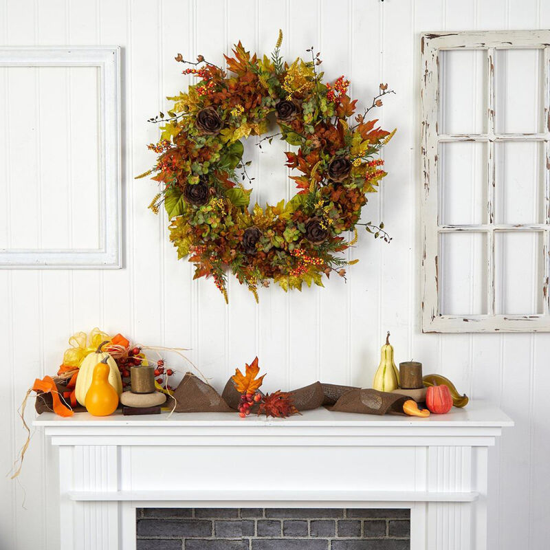 Nearly Natural 32-in Fall Hydrangea, Ranunculus and Maple Leaf Autumn Artificial Wreath