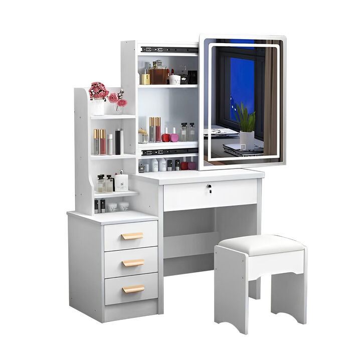 Fashion Vanity Desk with Mirror and Lights for Makeup and Chair, Vanity Mirror with Lights and Table Set with 3 Color Lighting Brightness Adjustable, 4 Drawers, White Color