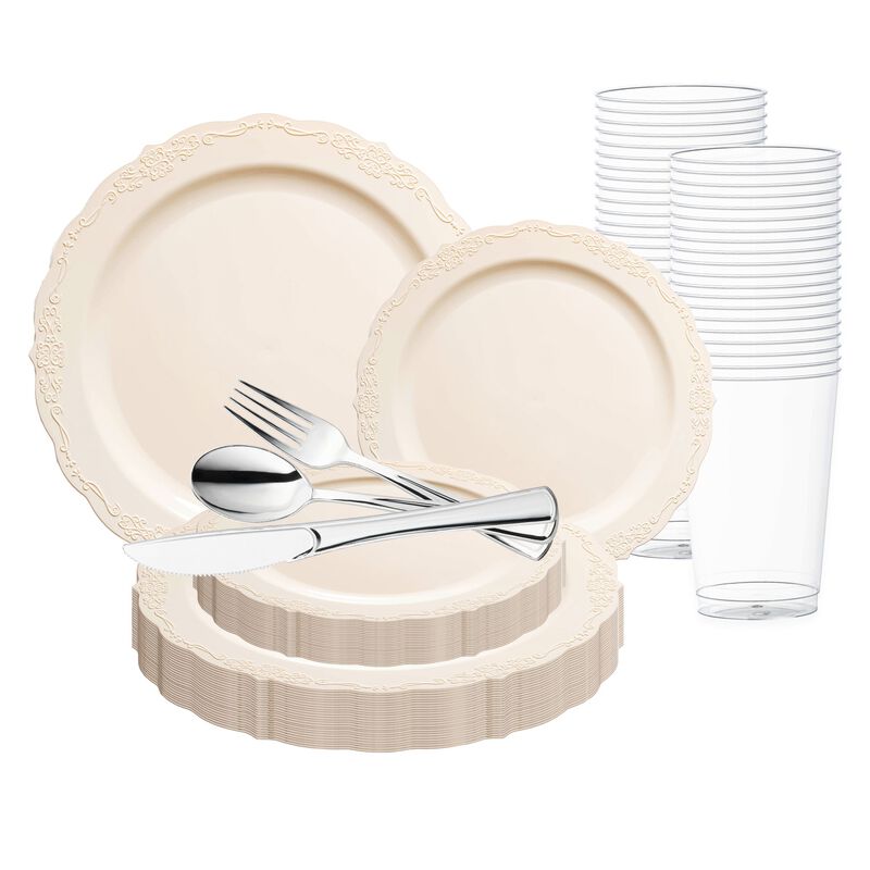 Ivory Vintage Round Plastic Wedding Value Set (30 Sets) image number 0