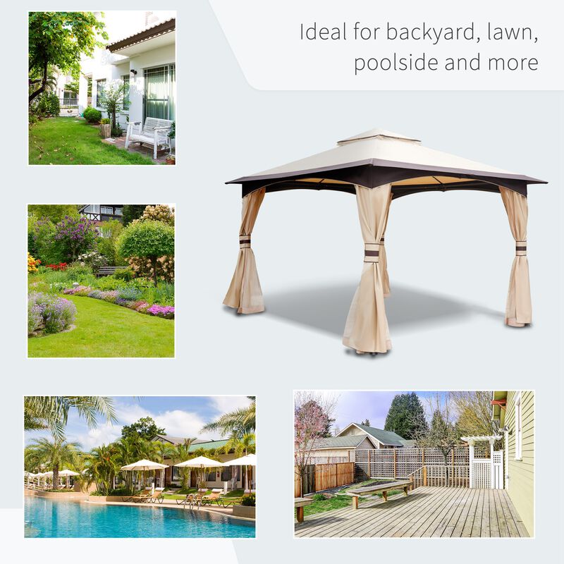 10' x 12' Outdoor Patio 2-tier roof Gazebo Canopy Steel Frame w/ Mesh Sidewalls