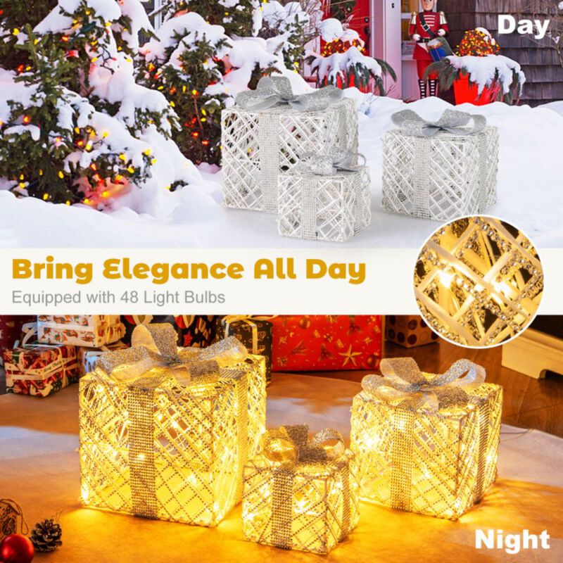 3 Pack Christmas Lighted Gift Box with 50 LED Lights and Detachable Bows image number 4