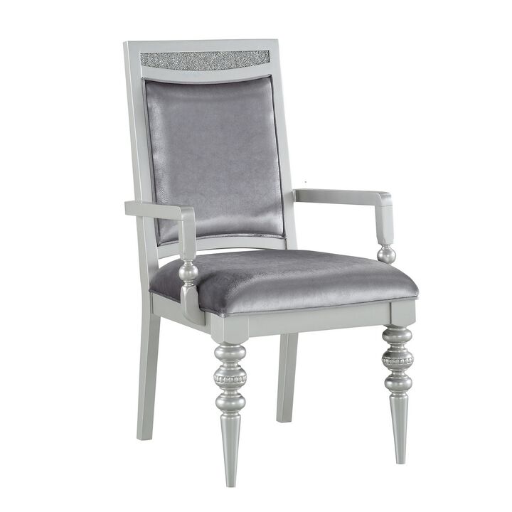 Crystal Inlaid Fabric Upholstered Wooden Arm Chair, Set of 2, Silver-Benzara