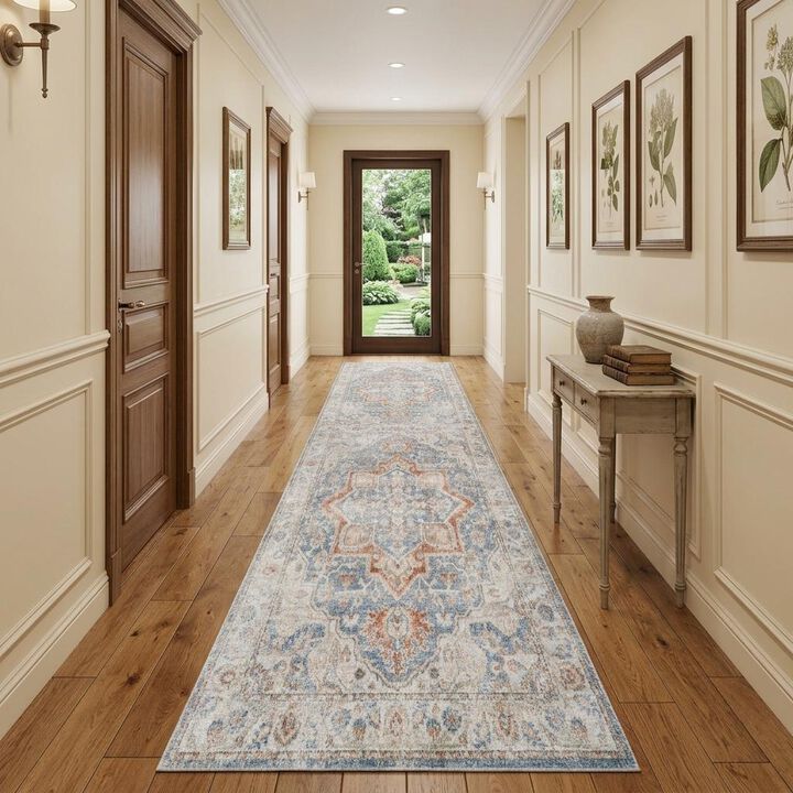 HomeRoots 12' Denim Blue Oriental Power Loom Washable Runner Rug