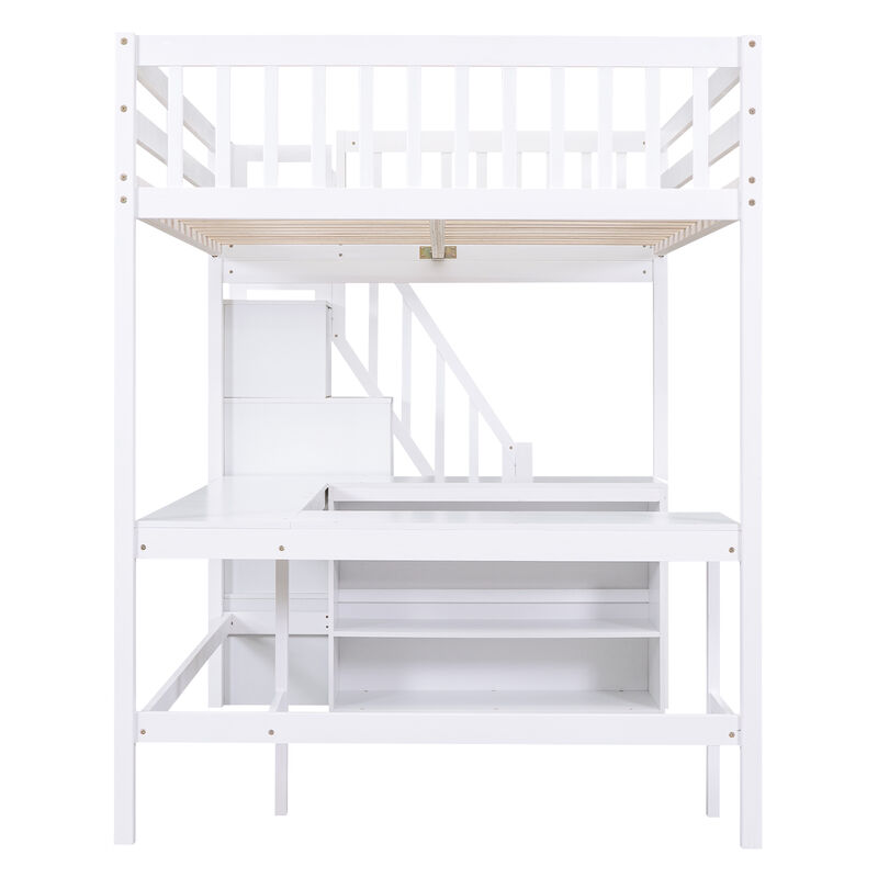 Merax Full Size Loft Bed with Built-in L-Shaped Desk and Three-Tier Storage Shelves