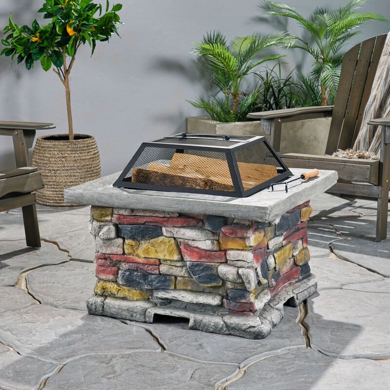 Mondawe 28.50 Inch Square Natural Stone Outdoor Patio Fire Pit with Spark Screen and Poker
