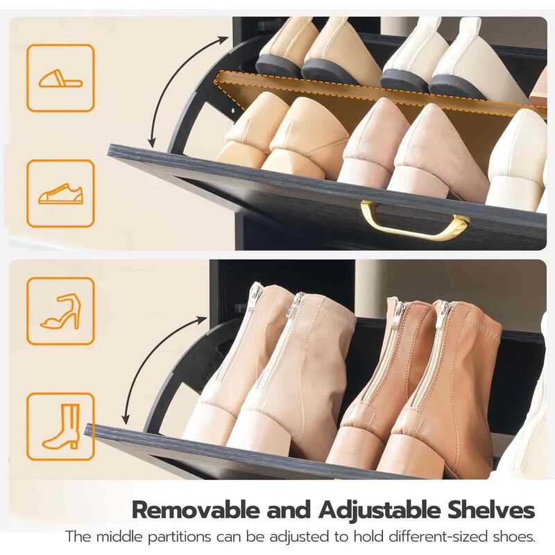 Shoe Cabinet with 2 Flip Drawers Tipping Bucket Design for Entryway- Black image number 5