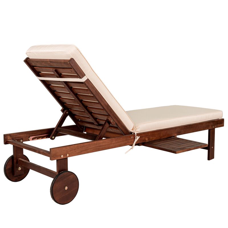Seabrook Outdoor Acacia Wood Lounger with Cushion Position Back Slide Table Wheels