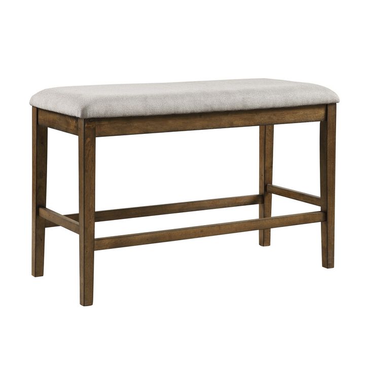Carl 39 Inch Two Tone Counter Bench, Gray Fabric Seat, Light Oak Wood-Benzara