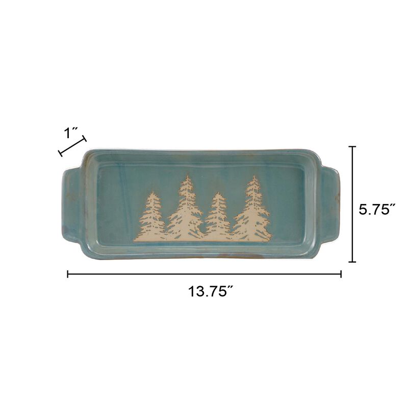 Blue Stoneware Tray with Wax Relief Trees and Reactive Glaze Finish image number 1