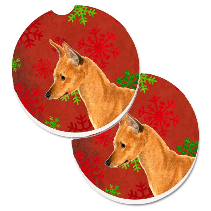 Caroline's Treasures Min Pin Red & green Snowflakes Holiday Christmas Set of 2 Cup Holder Car Coasters SS4673CARC, 2.56, Multicolor