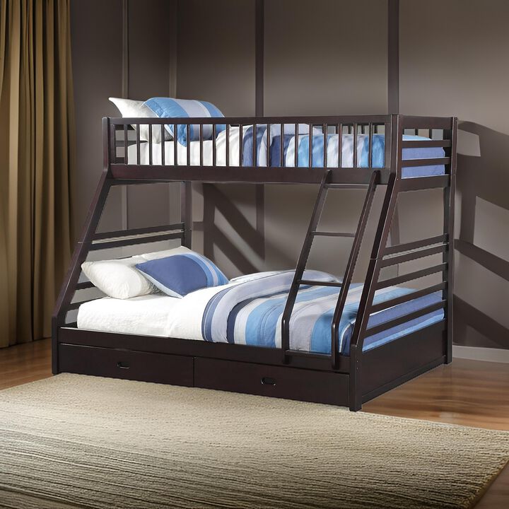 Wooden TwinXL/Queen Bunk Bed with Drawers, Espresso Brown