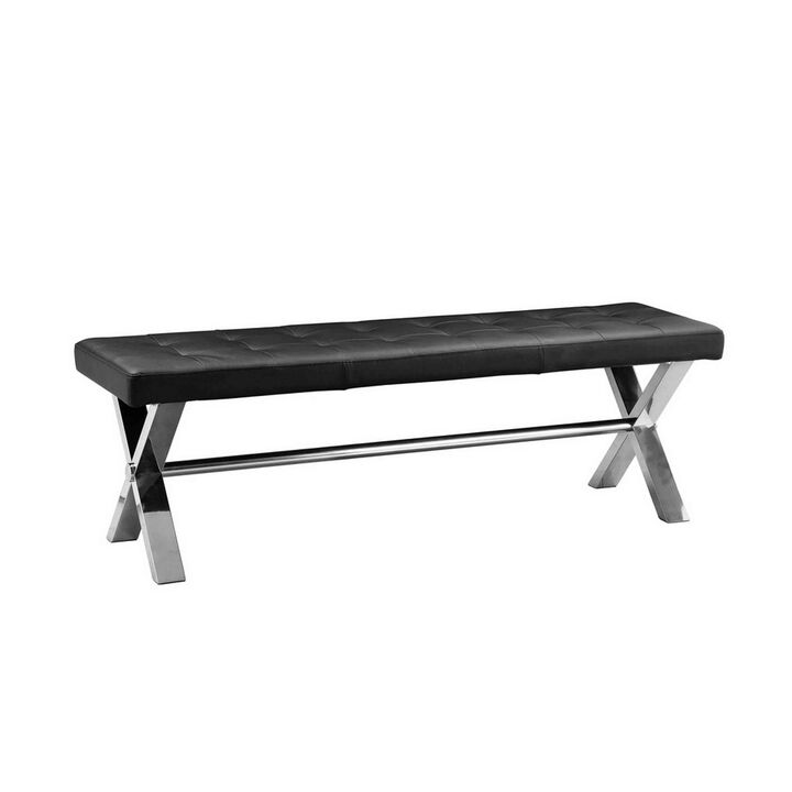 55 Inch Bench, Tufted Cushioned Seat, Smooth Black Faux Leather Upholstery - Benzara
