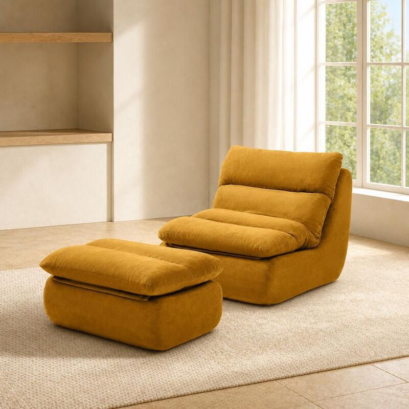 GOODSILO Tufted Upholstered Large Chaise Lounge Bean Bag Chair With Matching Ottoman Comfortable Lazy Sofa For Living Room Bedroom Reading Napping image number 2